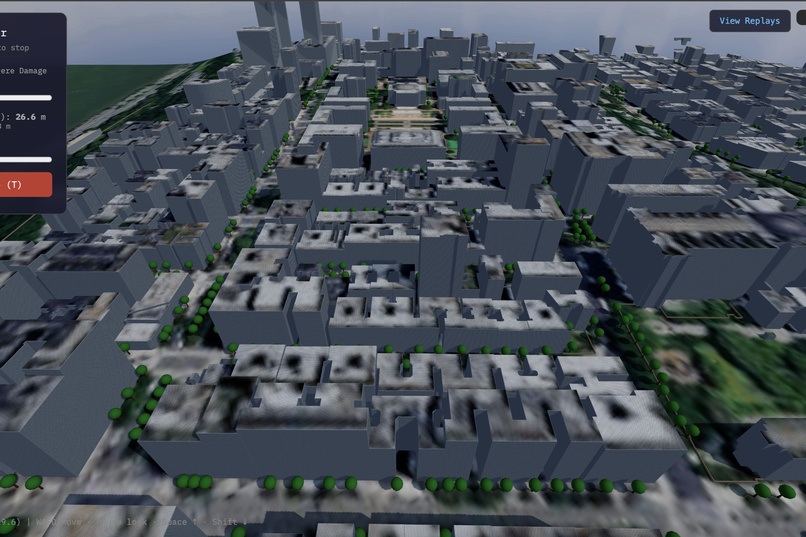 City blocks reconstructed at altitude from OpenStreetMap and satellite imagery
